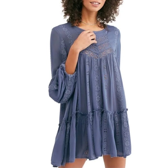 Free People Kiss Kiss Lace Insert Tunic Blue - Picture 1 of 15